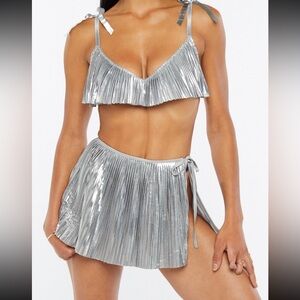 Savage X Fenty, Women's, Pleated Lamé Skirt with Tie, Spaced Out